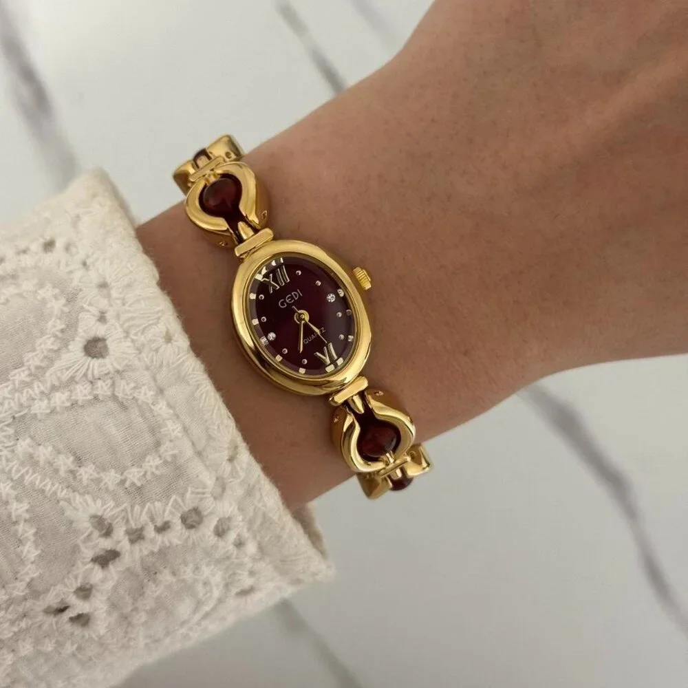 SKU:0110 cute gold burgundy mini watch gold bracelet burgundy stone +in gift bag